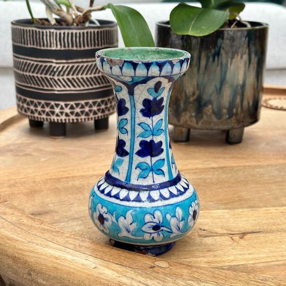 Antique Handmade Hand Painted Glazed Terracotta Vase Iznic Pottery Blue 6.5" H - Picture 11 of 12